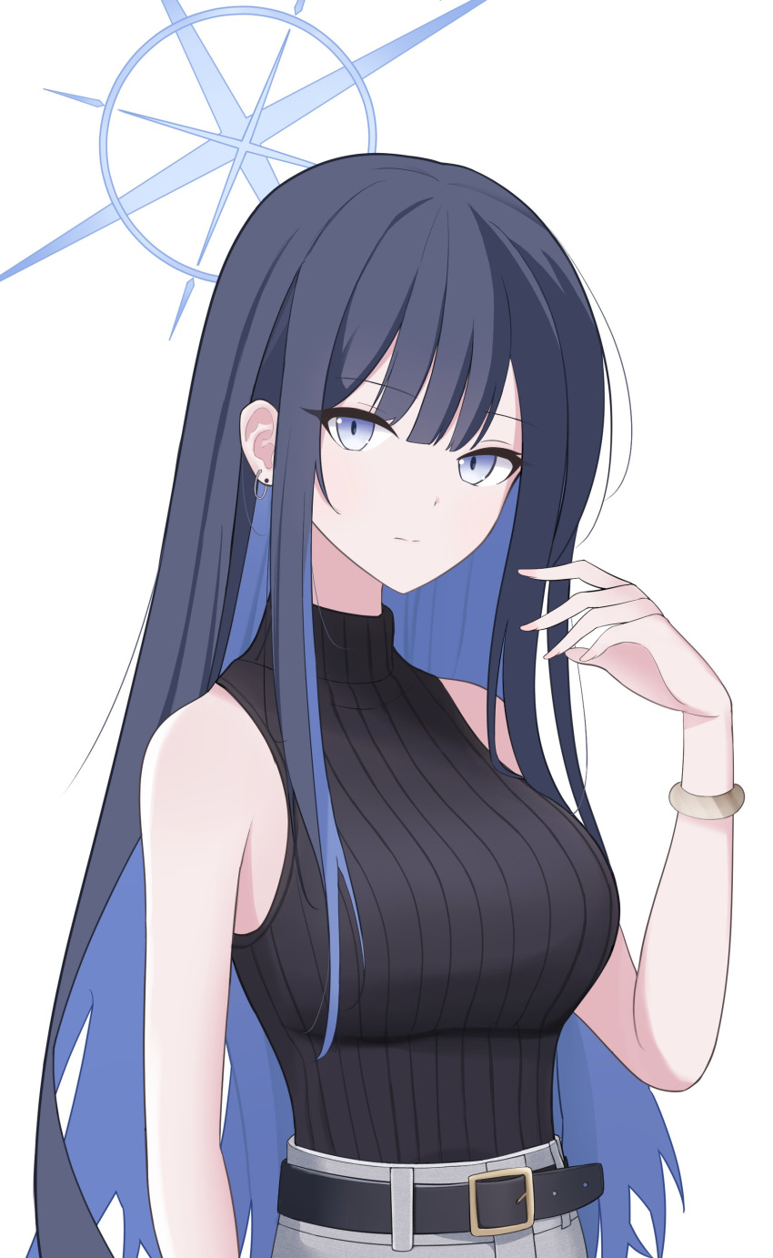 1girl, absurdres, alternate_costume, blue_archive, blue_halo, blue_nns09, bracelet, casual, colored_inner_hair, earrings, halo, highres, jewelry, long_hair, multicolored_hair, saori_(blue_archive), simple_background, sleeveless, sleeveless_turtleneck, solo, turtleneck, white_background