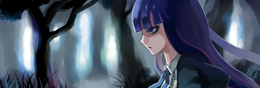 blue_eyes, blue_hair, bust, colored_eyelashes, forest, long_hair, multicolored_hair, nature