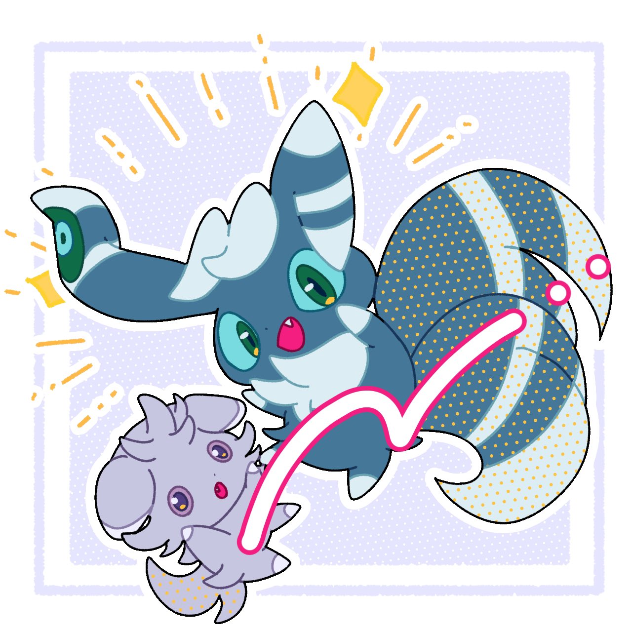 1boy, :d, :o, animal_ears, animal_hands, blue_fur, border, cat_ears, cat_tail, colored_sclera, espurr, fang, full_body, furry, furry_male, green_eyes, green_sclera, highres, looking_at_viewer, meowstic, meowstic_(male), neck_fur, nose_poke000, open_mouth, pokemon, pokemon_(creature), purple_background, purple_fur, simple_background, smile, standing, tail, two-tone_fur, violet_eyes, white_border, white_fur