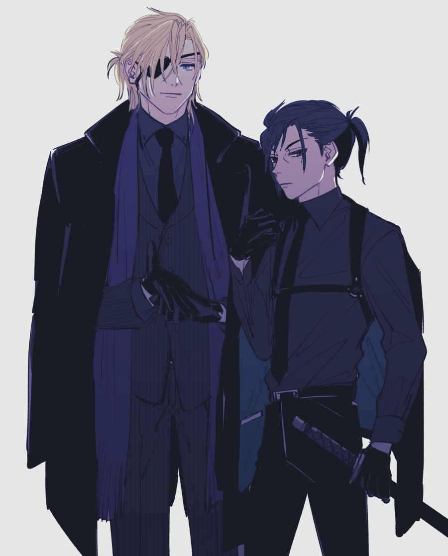 2boys, arm_up, black_coat, black_gloves, black_necktie, black_pants, blonde_hair, blue_eyes