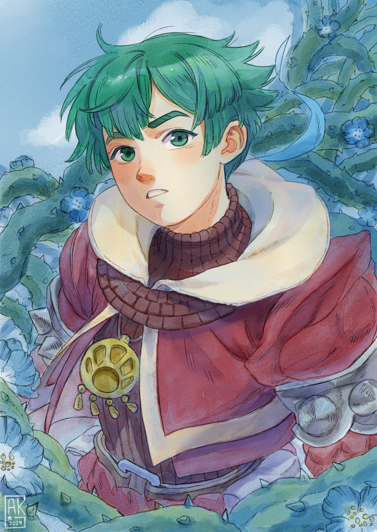 1boy, annakareninag, baten_kaitos, black_shirt, blue_flower, blush, clouds, commentary