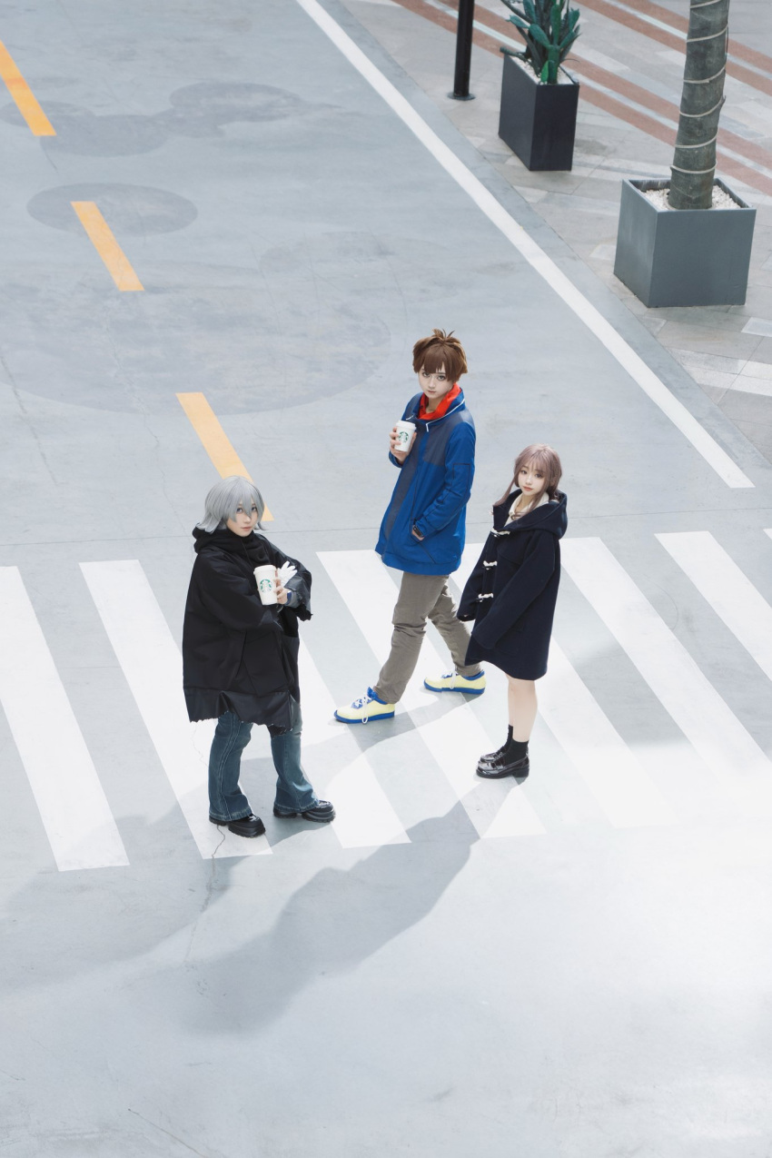 amanokawa_hiro, amanokawa_hiro_(cosplay), brown_hair, coat, cosplay, cosplay_photo, digimon, digimon_ghost_game, higashimitarai_kiyoshiro, higashimitarai_kiyoshiro_(cosplay), highres, long_hair, nochino, pants, photo_(medium), scarf, short_hair, tsukiyono_ruli, tsukiyono_ruli_(cosplay), white_hair, winter_clothes