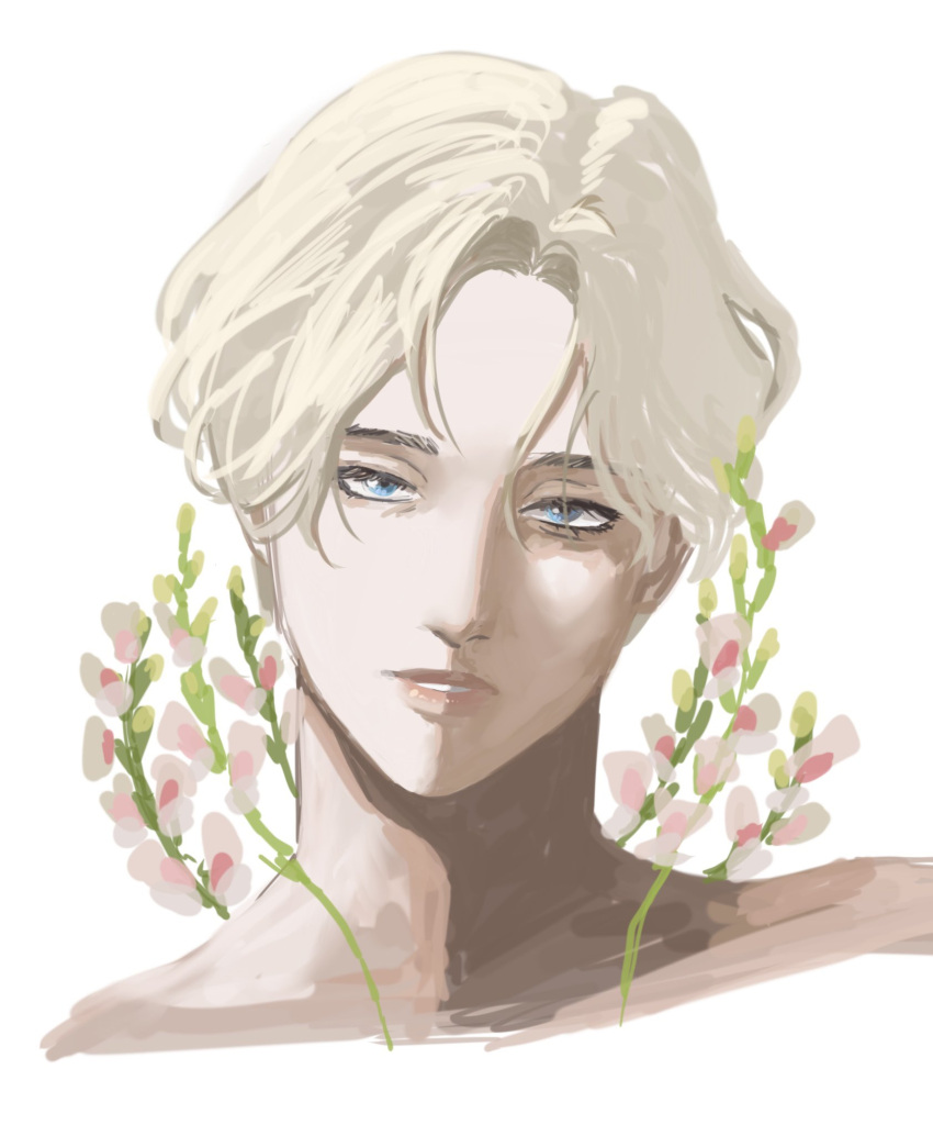 1boy, blonde_hair, blue_eyes, commentary, eyelashes, flower, hashtag-only_commentary, highres