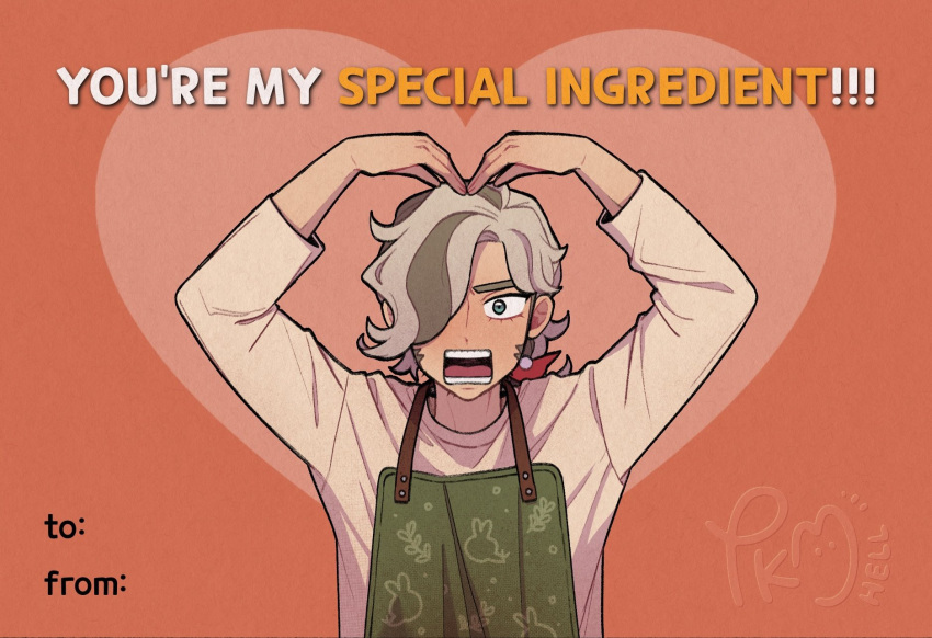 1boy, alternate_costume, apron, arms_up, arven_(pokemon), brown_hair, commentary, english_text, eyelashes, green_apron, hair_ornament, hair_over_one_eye, highres, male_focus, open_mouth, pokemon, pokemon_sv, shirt, signature, solo, submashell, teeth, tongue, upper_body, valentine, valentine_card