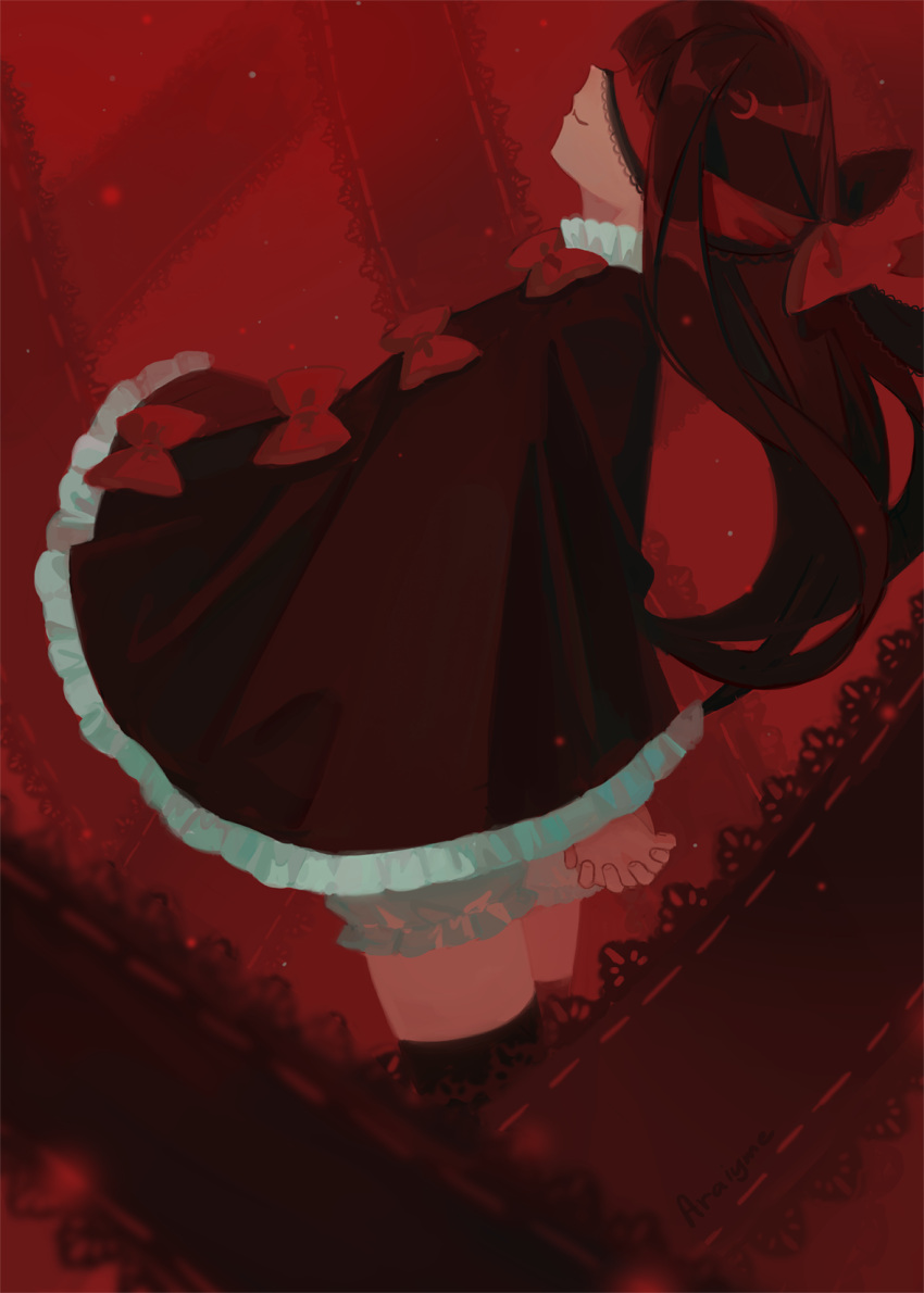 1girl, araiyme, black_cloak, black_hair, black_thighhighs, blindfold, bloomers, blunt_bangs