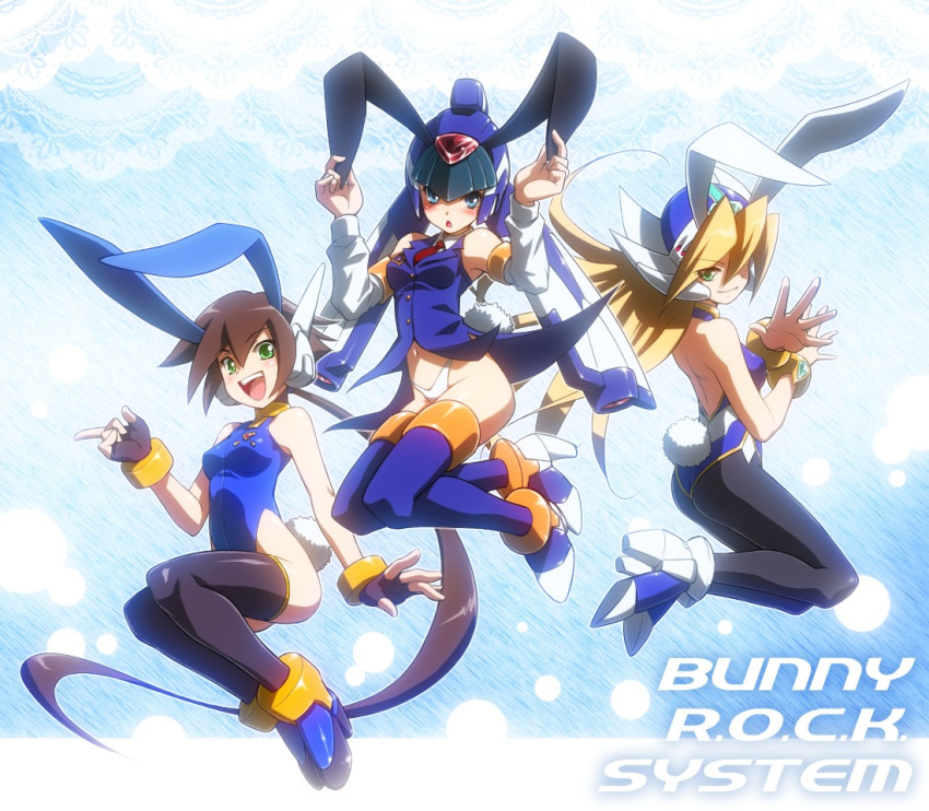 animal_ears, ass, blonde_hair, blue_eyes, blush, boots, brown_hair, bunny_ears