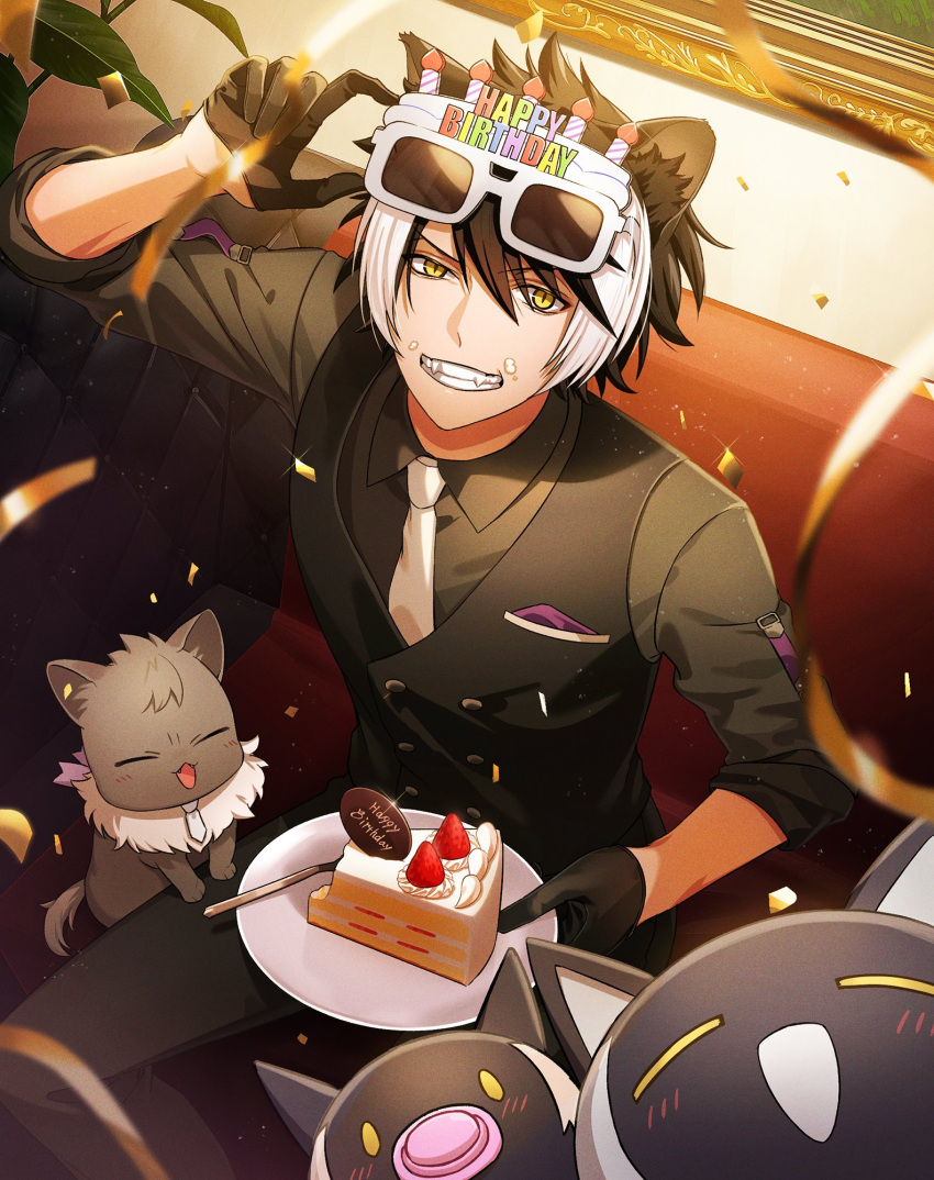 1boy, animal_ears, black_gloves, black_hair, black_pants, black_vest, cake, cake_slice