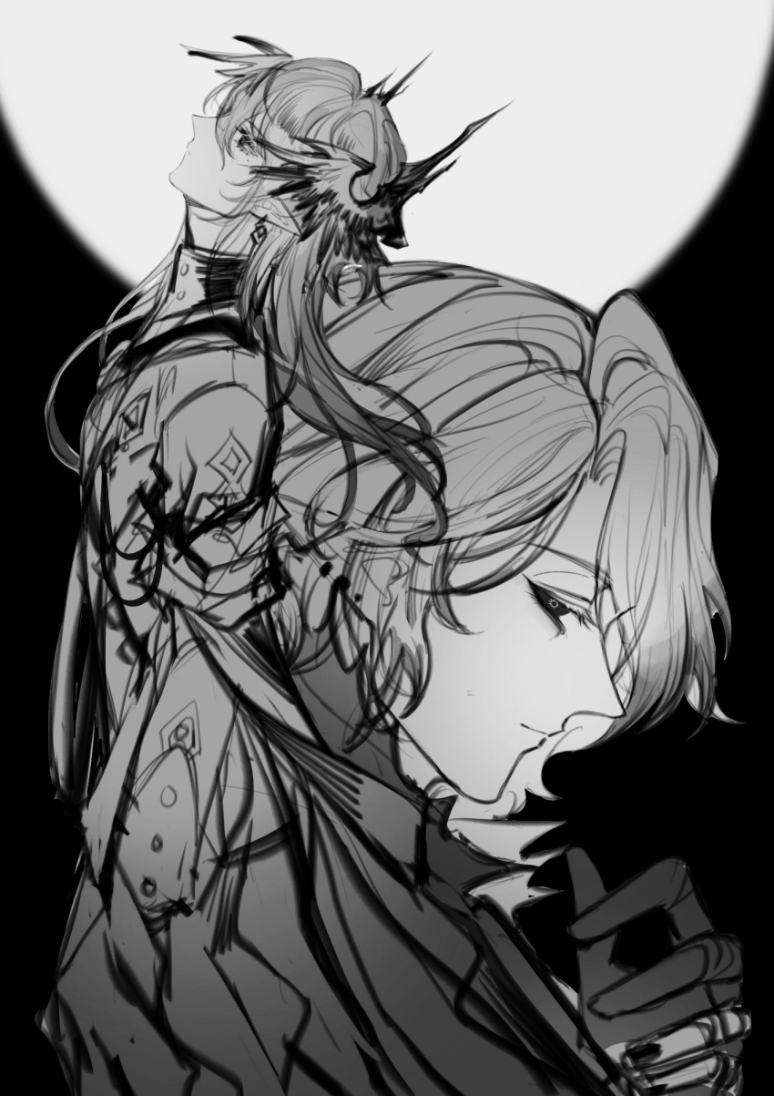 2boys, akanui_gurumi, arknights, black_sclera, chinese_commentary, coat, colored_sclera, commentary