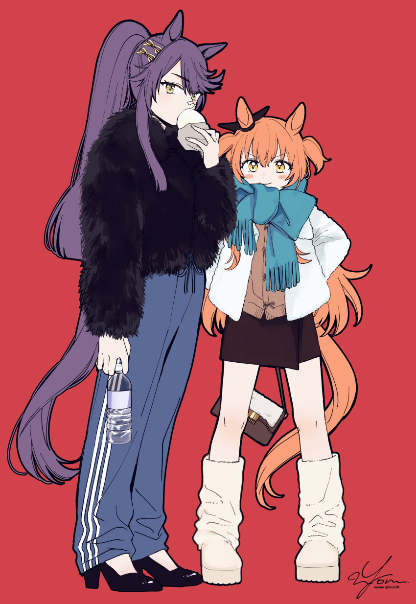 2girls, absurdres, alternate_costume, arms_behind_back, artist_name, bandaid, bandaid_on_face, bandaid_on_nose
