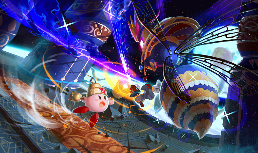 :o, bell, bell_kirby, blue_eyes, blush, blush_stickers, column, full_moon, glowing, glowing_eyes, handbell, holding, holding_bell, holding_sword, holding_weapon, insect_wings, kirby, kirby:_triple_deluxe, kirby_(series), moon, night, night_sky, open_mouth, pillar, queen_sectonia, rubble, seeker, sky, star_(sky), star_(symbol), sword, weapon, wings