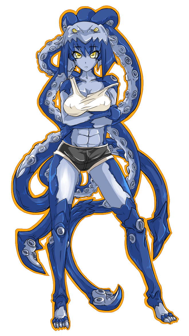 abs, breasts, cleavage, monster_girl, onii_(hibiki2), short_hair, tentacle, tentacle_girl, tentacles, yellow_eyes