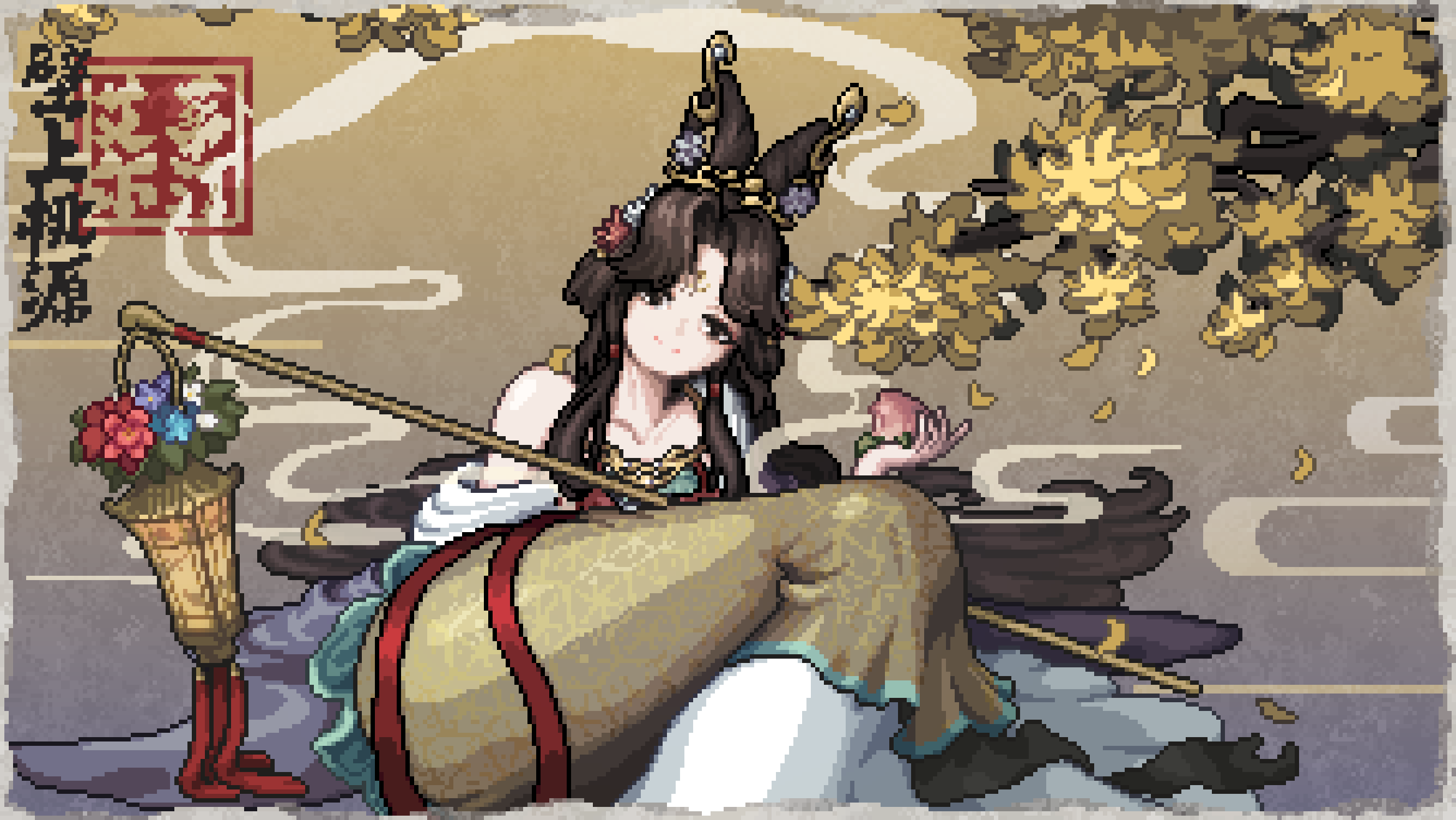 1girl, black_eyes, black_hair, branch, chinese_text, falling_leaves, feet_out_of_frame, feixianji_(hairstyle), flower, food, fruit, gradient_background, hagoromo, hair_flower, hair_ornament, highres, holding, holding_food, holding_fruit, idaidin, jiu_niangzi, jiu_niangzi_(blossom_spring_fairy), knees_up, lantern, leaf, long_hair, long_skirt, looking_at_viewer, lying, official_alternate_costume, on_side, parted_bangs, peach, pink_flower, pixel_art, purple_background, purple_flower, reverse:1999, seal_impression, shawl, single_bare_shoulder, single_off_shoulder, skirt, smile, smoke, solo, very_long_hair, white_shawl, yellow_background, yellow_skirt