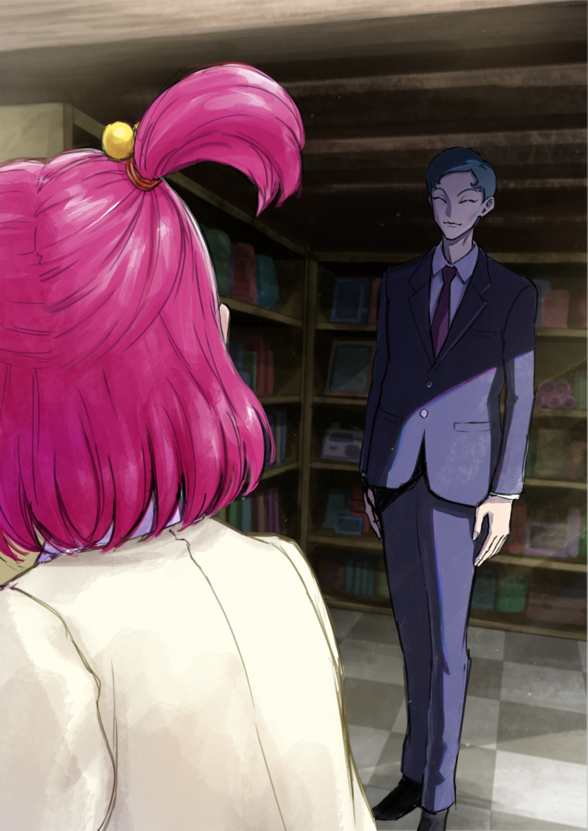 1boy, 1girl, black_shoes, blue_jacket, blue_pants, book, bookshelf, closed_eyes