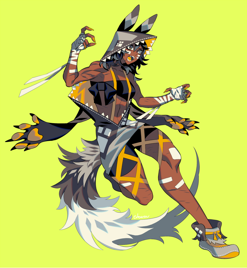 1girl, african_wild_dog, animal_ears, animal_hood, arm_wrap, black_eyes, claw_pose, commentary_request