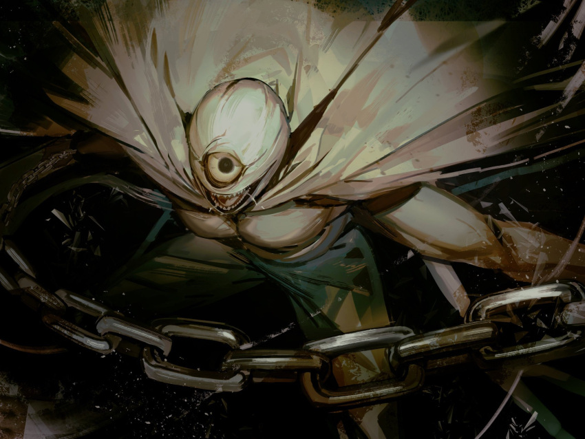 1boy, black_background, cape, chain, choujin_x, cyclops, higashi_azuma_(choujin_x), highres