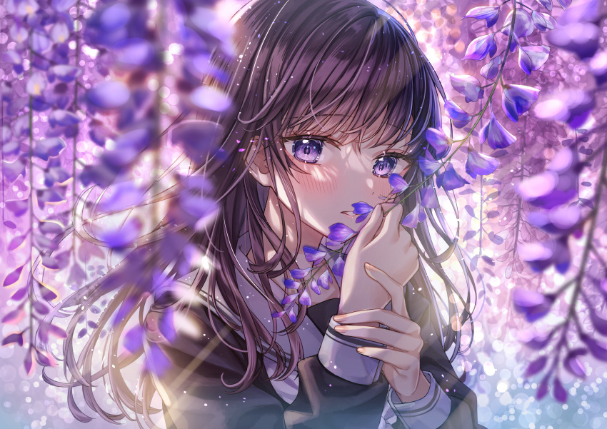 1girl, absurdres, black_hair, black_shirt, blurry, blurry_foreground, blush, commentary_request