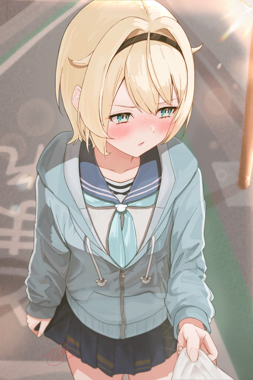1girl, 1other, absurdres, black_skirt, blonde_hair, blue_hoodie, blue_neckerchief, blush