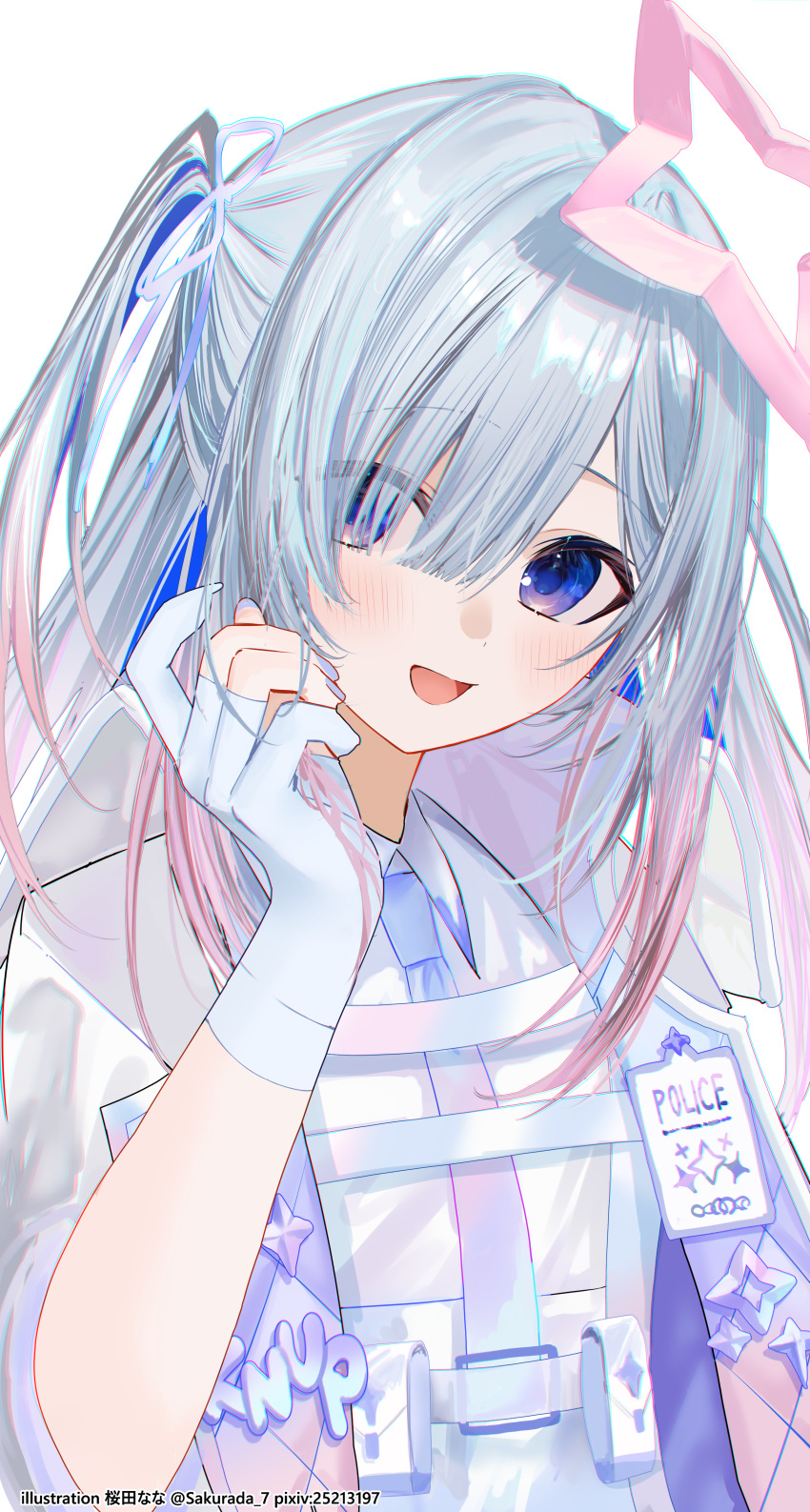 1girl, absurdres, amane_kanata, amane_kanata_(heavenly_guard_mission), blue_nails, blue_necktie, dress, fingerless_gloves
