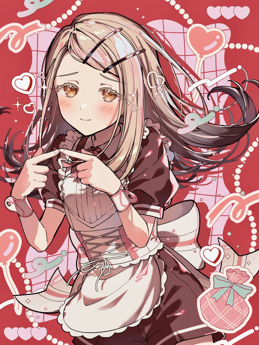 1girl, apron, black_dress, blonde_hair, blush, dress, frilled_apron, frills
