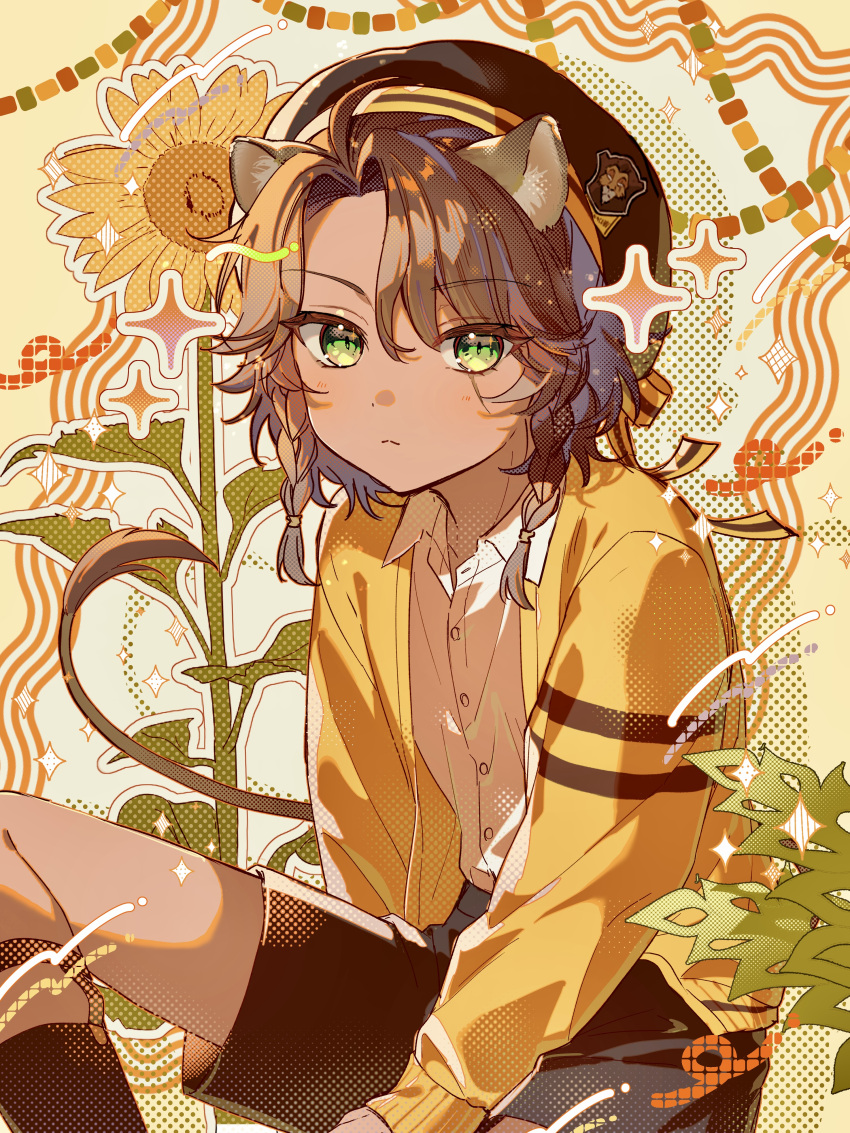 1boy, absurdres, aged_down, ahoge, animal_ears, beret, braid, brown_hair