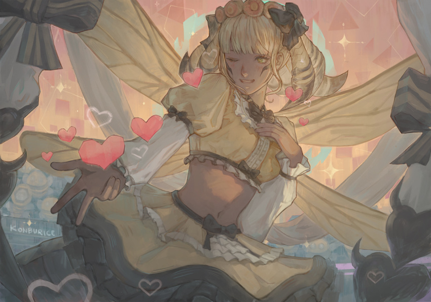 1girl, ;d, arthropod_girl, artist_name, bee_girl, bee_wings, black_bow, black_bowtie