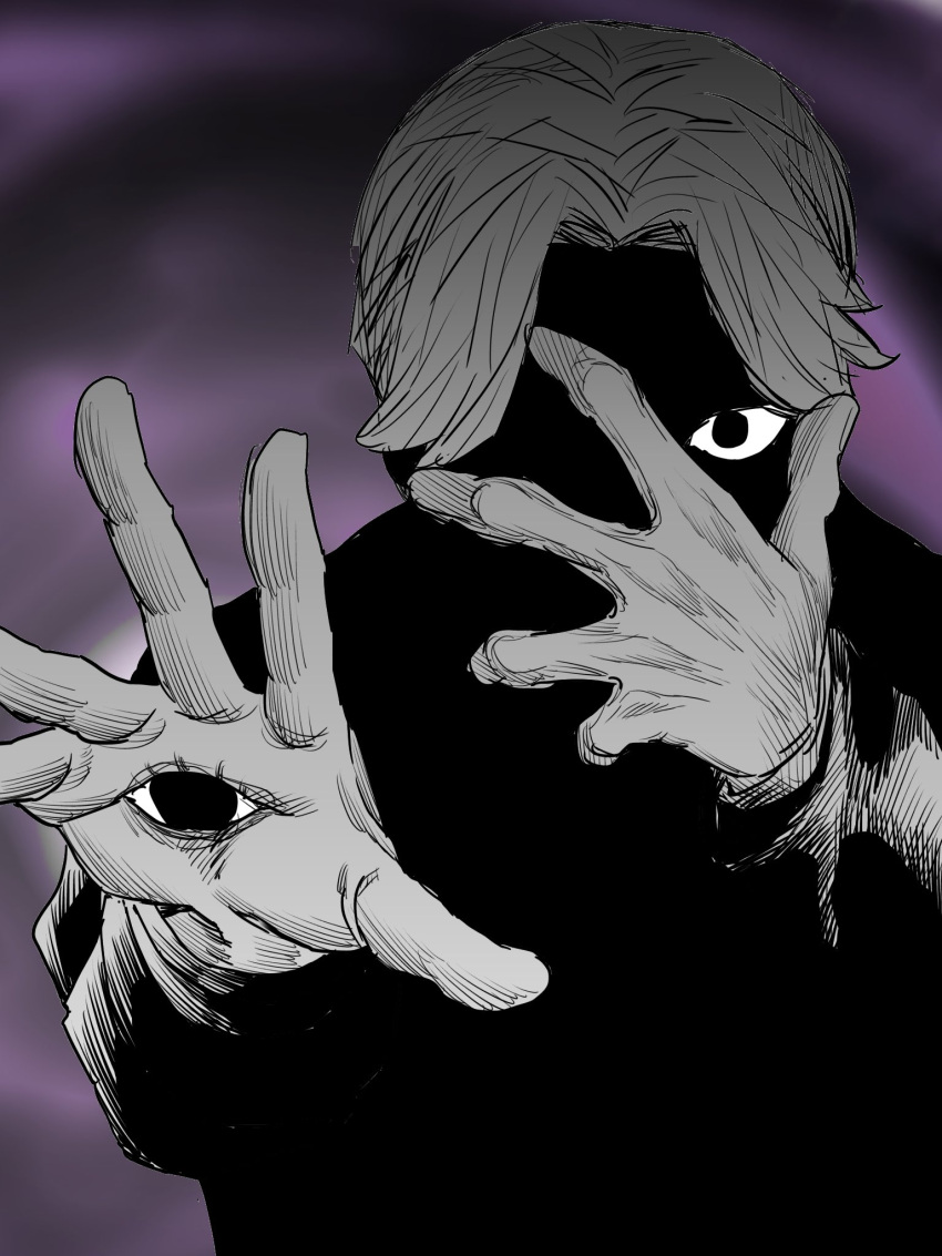 1boy, blonde_hair, choujin_x, eye_on_hand, eyelashes, face_in_shadow, hand_on_own_face, highres, ichiiro_sato_(choujin_x), mishumi_jugem, one_eye_covered, purple_background, solo