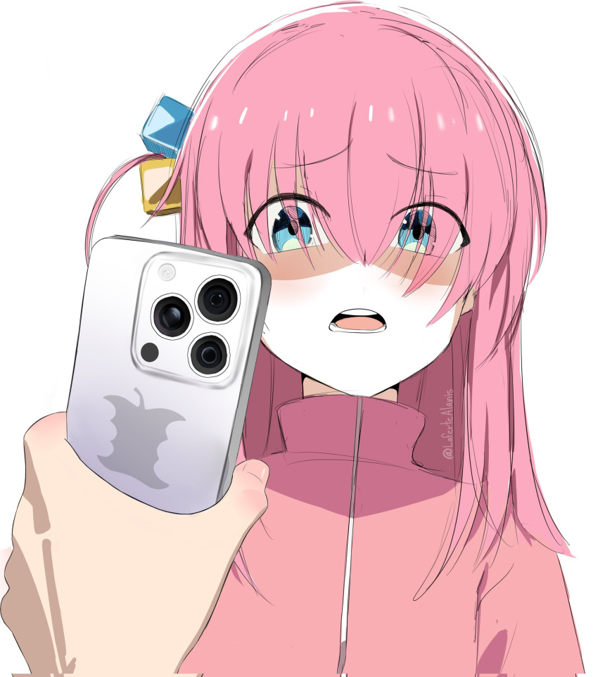 1girl, 1other, alaniz_(lafertealanis), blue_eyes, bocchi_the_rock!, cellphone, cube_hair_ornament, english_commentary