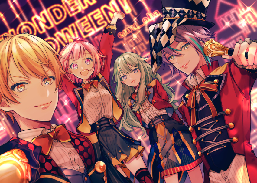 2boys, 2girls, :d, aqua_streaks, arms_behind_back, asymmetrical_bangs, black_hat, black_skirt