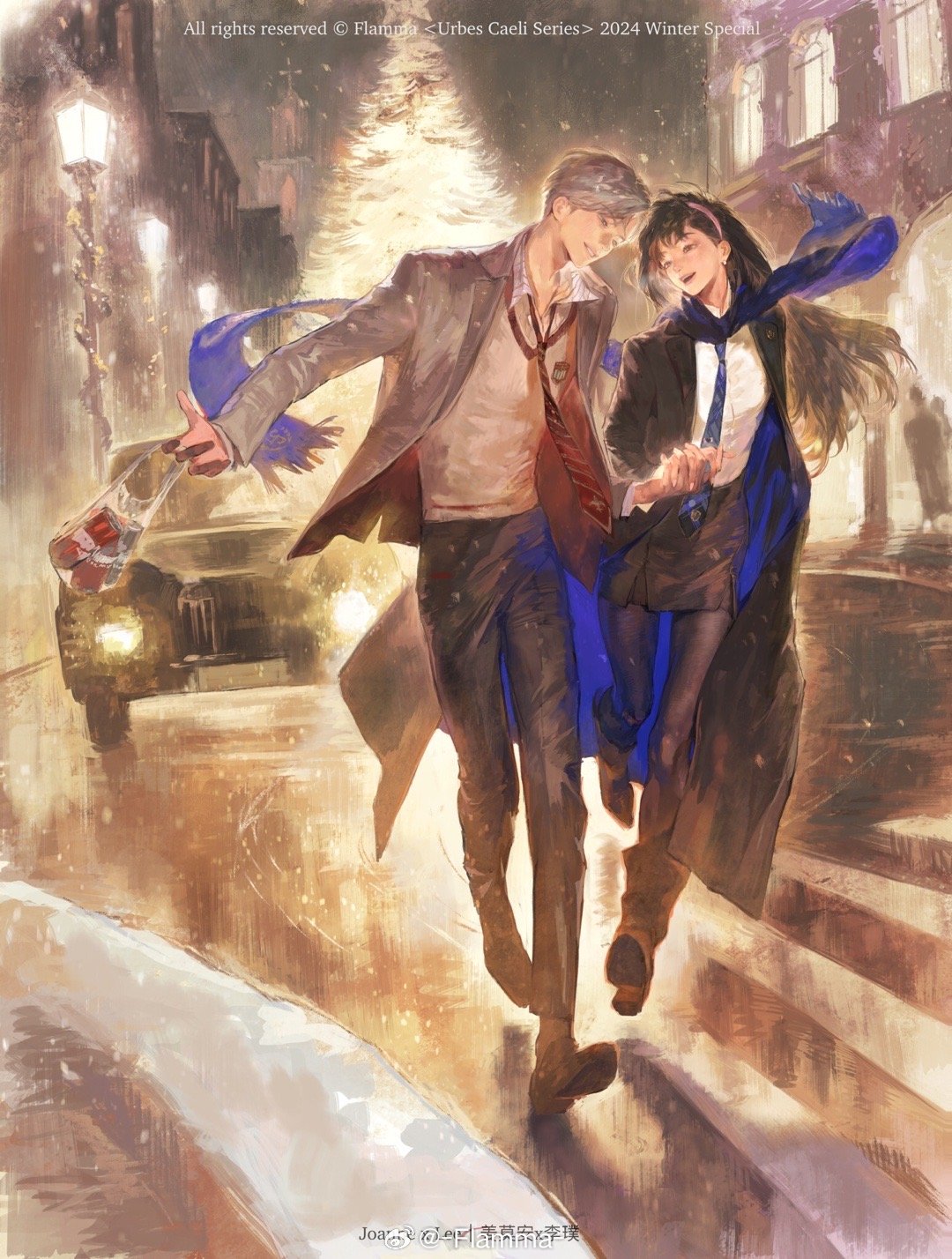 1boy, 1girl, blazer, blush, christmas, couple, flamma_(immortalemignis), highres