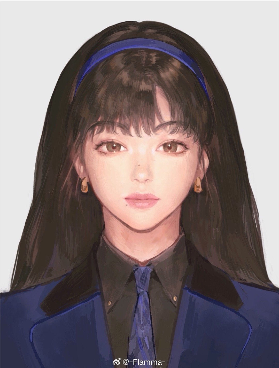 1girl, black_hair, flamma_(immortalemignis), formal_clothes, hairband, headset, highres, id_photo_guidelines_(meme)