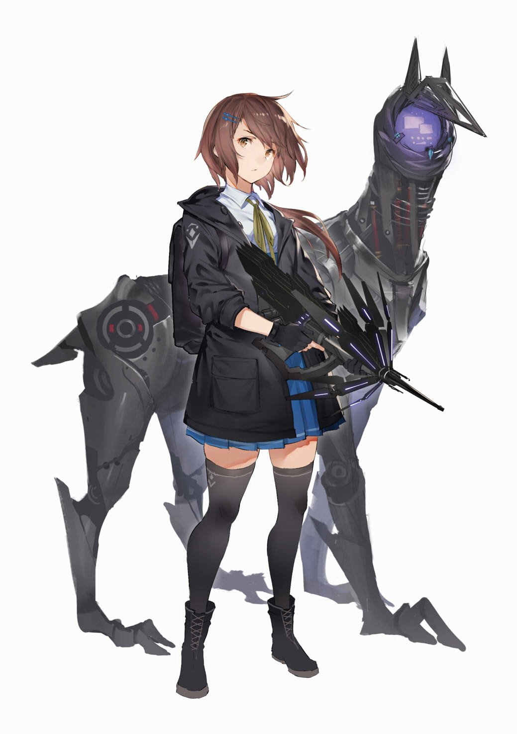 :/, blue_skirt, boots, brown_hair, collared_shirt, fingerless_gloves, full_body, gloves, gun, hair_ornament, hairclip, highres, holding, holding_gun, holding_weapon, hood, hoodie, low_ponytail, miyajima_hana, mogumo, necktie, non-humanoid_robot, pleated_skirt, ponytail, robot, robot_animal, robot_dog, shirt, short_hair, simple_background, skirt, standing, thigh-highs, three_quarter_view, tokoshie_bullet, weapon, white_background, yellow_eyes, zettai_ryouiki