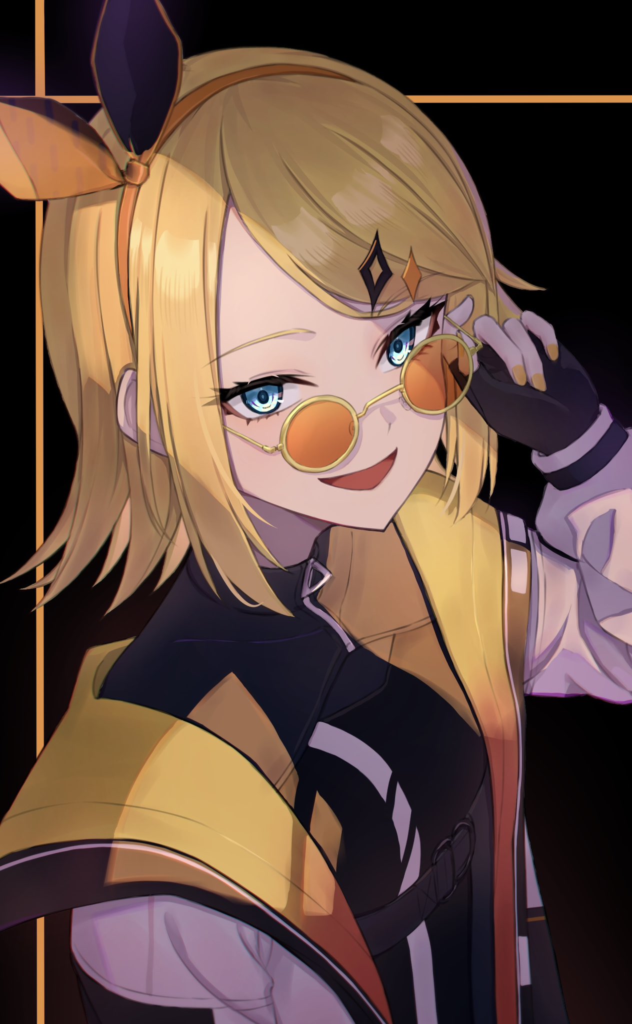 1girl, black_background, black_gloves, black_shirt, blonde_hair, blue_eyes, bow_hairband, breasts, chest_harness, commentary_request, fingerless_gloves, gloves, gyakkou_no_lens_flare_(project_sekai), hair_ornament, hairband, hairclip, harness, highres, huran_tea, jacket, kagamine_rin, long_sleeves, looking_at_viewer, medium_hair, official_alternate_costume, open_mouth, orange-tinted_eyewear, orange_hairband, project_sekai, shirt, sidelocks, small_breasts, smile, solo, star_(symbol), star_hair_ornament, swept_bangs, tinted_eyewear, two-sided_fabric, upper_body, vocaloid, white_jacket, wonderlands_x_showtime_rin, yellow_jacket, yellow_nails