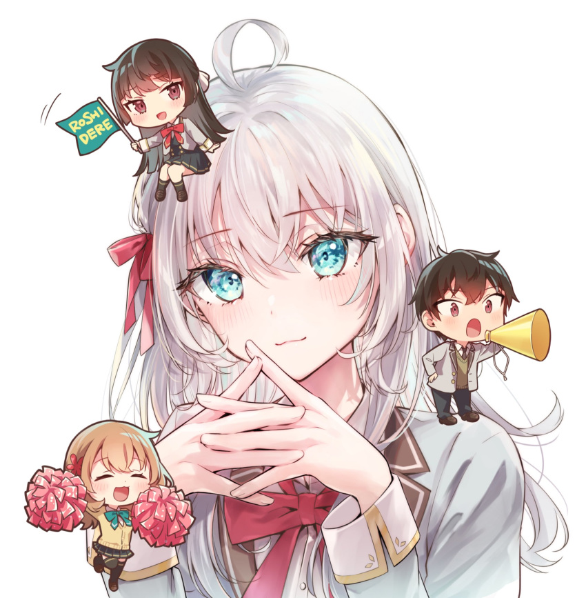1boy, 3girls, :3, ahoge, alisa_mikhailovna_kujou, aqua_bow, aqua_bowtie, arms_up
