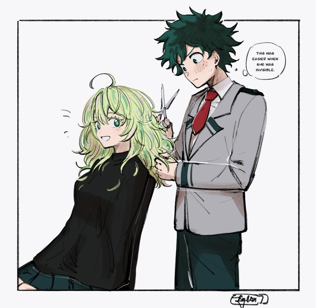 1boy, 1girl, :d, ahoge, aqua_pants, aqua_skirt, bad_id, bad_twitter_id