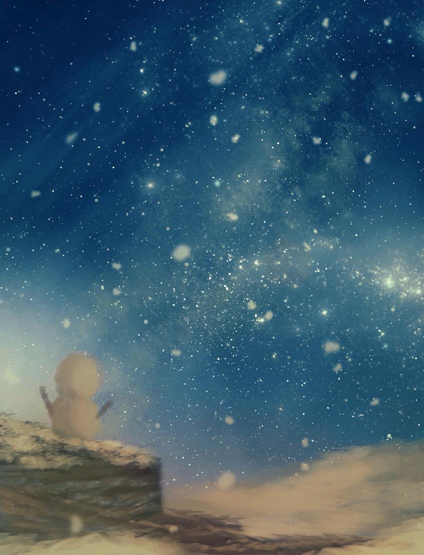absurdres, highres, miho_illust, night, night_sky, no_humans, original, outdoors, scenery, sky, sky_focus, snow, snowing, snowman, star_(sky), starry_sky