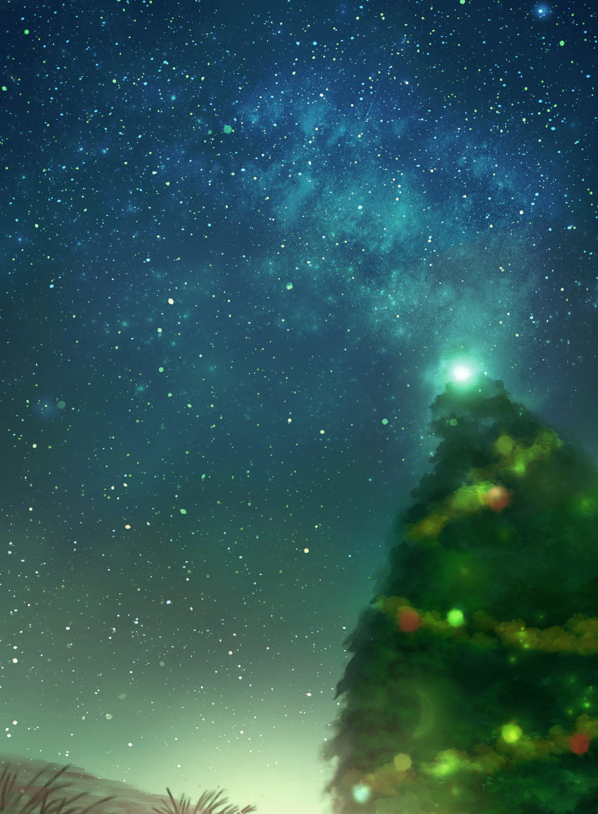 absurdres, christmas_ornaments, christmas_tree, highres, miho_illust, night, night_sky, no_humans, original, outdoors, scenery, sky, sky_focus, star_(sky), starry_sky