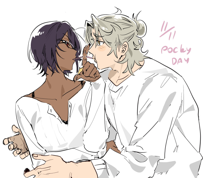 1boy, 1girl, blonde_hair, blush, bra_visible_through_clothes, collarbone, commentary_request, dark-skinned_female