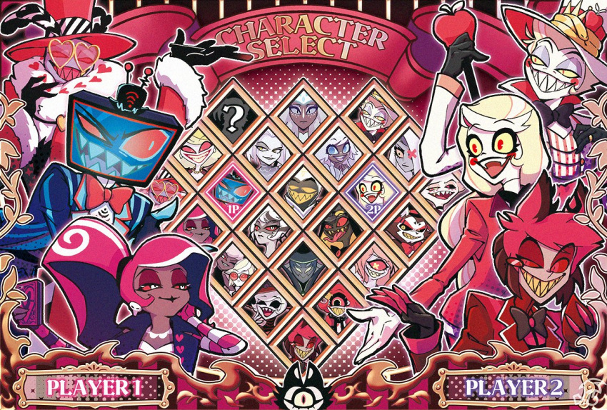 6+boys, 6+girls, adam_(hazbin_hotel), alastor_(hazbin_hotel), angel_dust, animal_ears, black_bow, black_bowtie