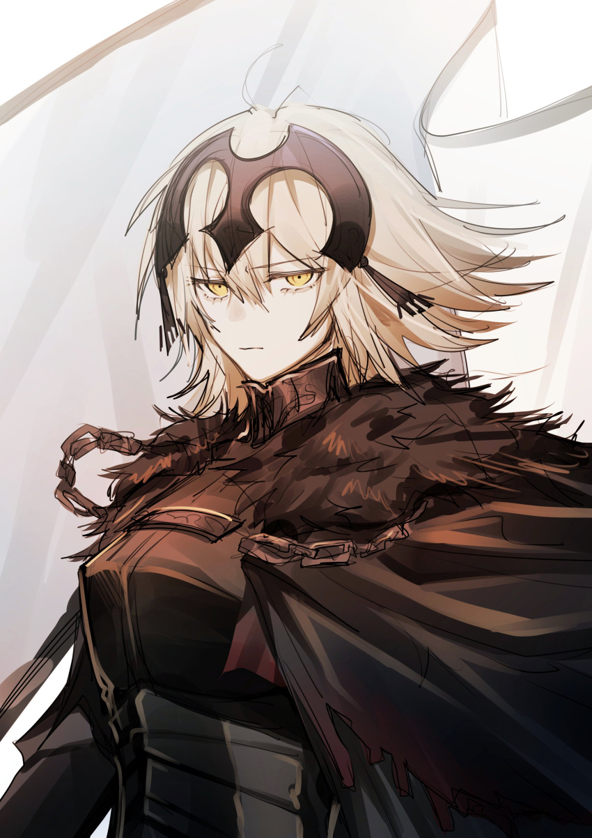 1girl, absurdres, armor, black_cloak, blonde_hair, chain, cloak, fate/grand_order