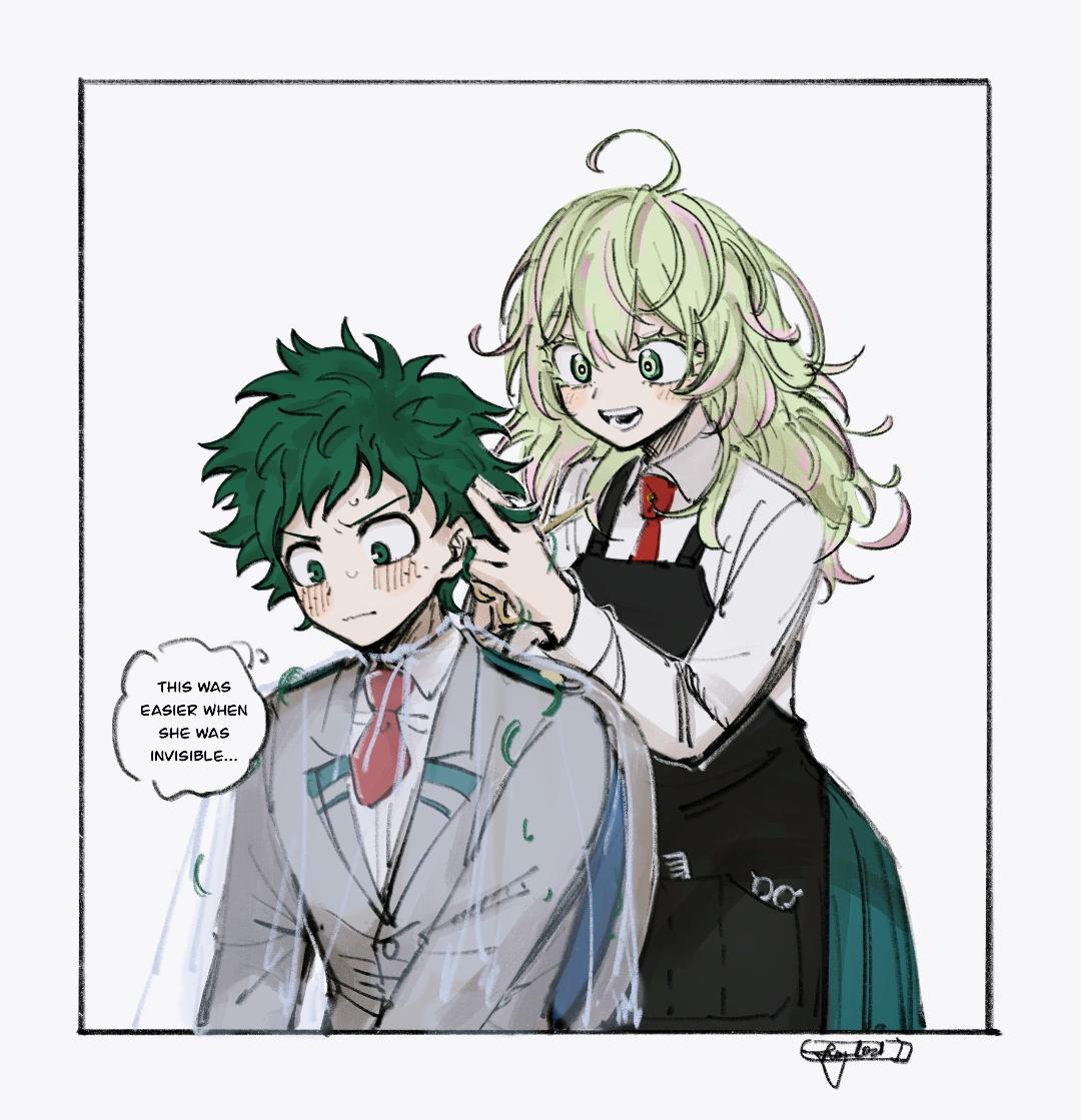 1boy, 1girl, ahoge, apron, aqua_skirt, bad_id, bad_twitter_id, black_apron, blush, boku_no_hero_academia, cape, closed_mouth, collared_shirt, comb, commission, cowboy_shot, english_text, green_eyes, green_hair, grey_jacket, hagakure_toru, hazel0217, holding, holding_another's_hair, holding_scissors, jacket, long_hair, long_sleeves, looking_at_another, looking_down, midoriya_izuku, multicolored_hair, necktie, nervous, open_mouth, pink_streaks, red_necktie, school_uniform, scissors, second-party_source, see-through_cape, shirt, short_hair, sidelocks, signature, sitting, skirt, smile, streaked_hair, sweat, u.a._school_uniform, unusually_visible, very_short_hair, white_background, white_shirt