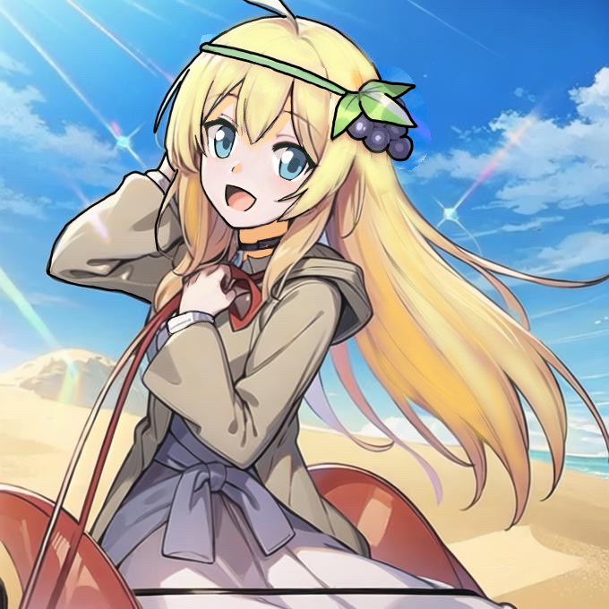 1girl, ahoge, ai-assisted, blonde_hair, blue_eyes, blue_sky, clouds, food-themed_hair_ornament, grape_hair_ornament, grey_jacket, hair_ornament, holding, holding_reins, iris_(konosuba), jacket, kono_subarashii_sekai_ni_shukufuku_wo!, long_hair, open_mouth, outdoors, princess, reins, ren_(user_thus8583), sky, solo, very_long_hair