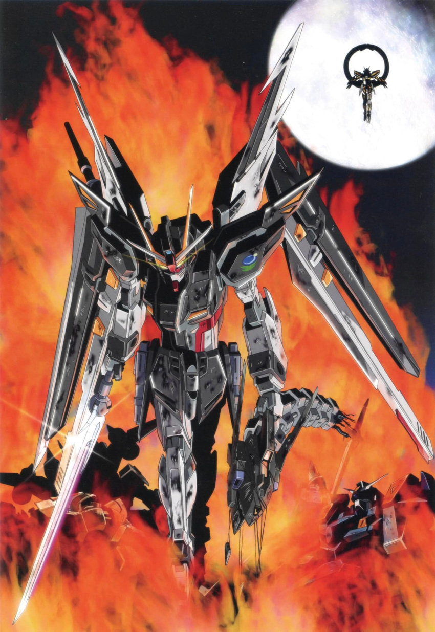 anti-ship_sword, artist_request, blu_duel_(mobile_suit), duel_gundam, earth_alliance_(gundam_seed), energy_gun, energy_sword, fire