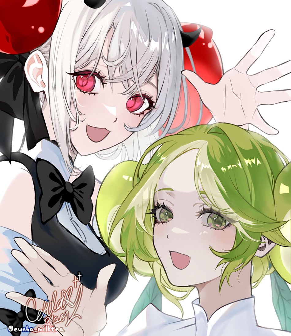 1girl, apple_faerie_cookie, apple_hair_ornament, black_bow, bow, bowtie, candy_apple, candy_apple_cookie, cookie_run, cookie_run:_kingdom, disguise, dress, dual_persona, eunha_milktea, food, food-themed_hair_ornament, hair_ornament, humanization, looking_at_viewer, open_mouth, puffy_sleeves, red_eyes, short_hair, smile, white_hair