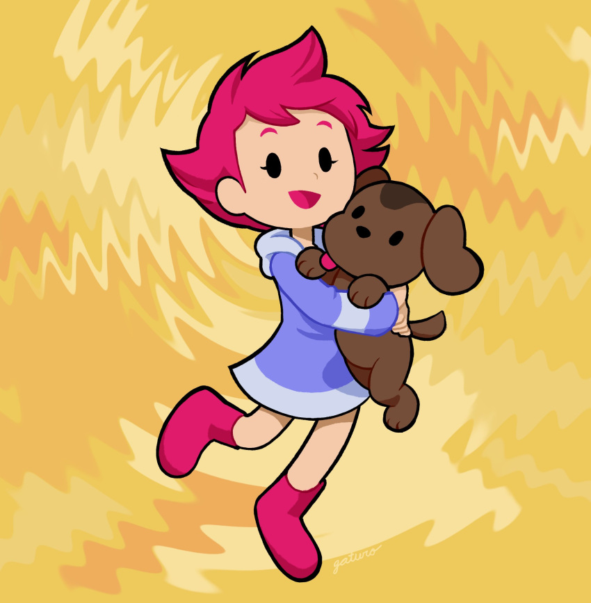 1girl, boney, boots, dog, dress, full_body, gato_del_futuro, happy