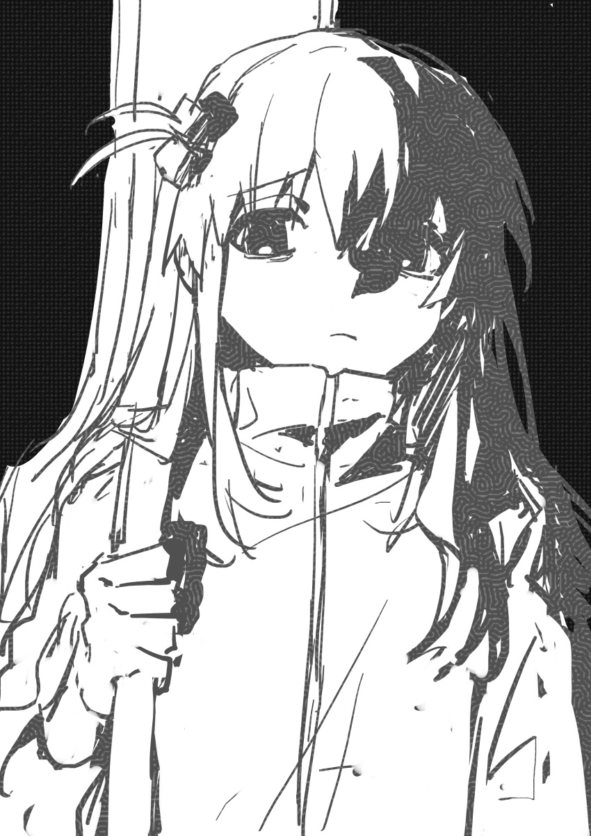 1girl, absurdres, bocchi_the_rock!, chaluo11, cube_hair_ornament, gotoh_hitori, greyscale, guitar_case