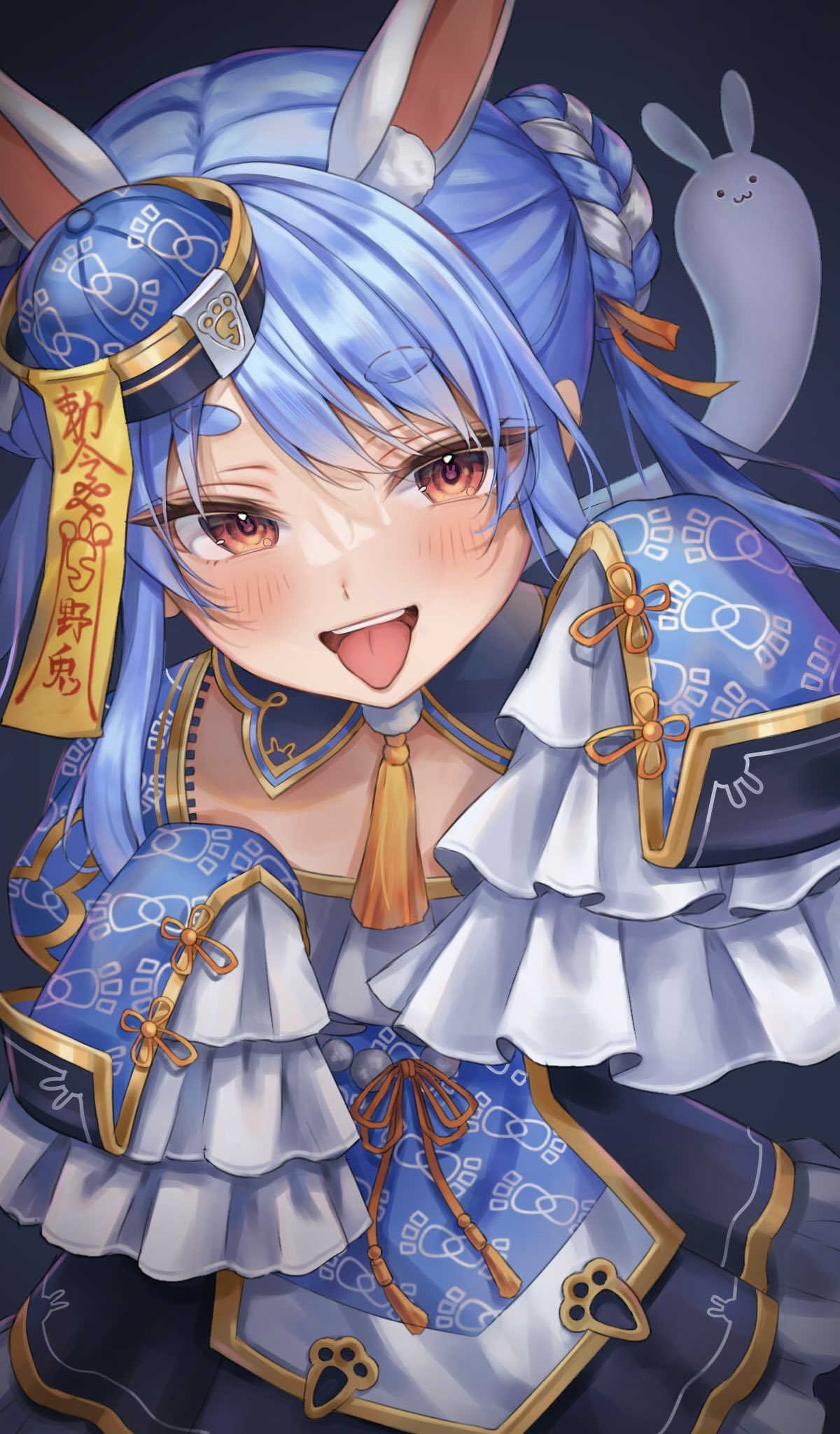 1girl, animal_ears, blue_dress, blue_hair, blue_hat, blush, braid, braided_bun