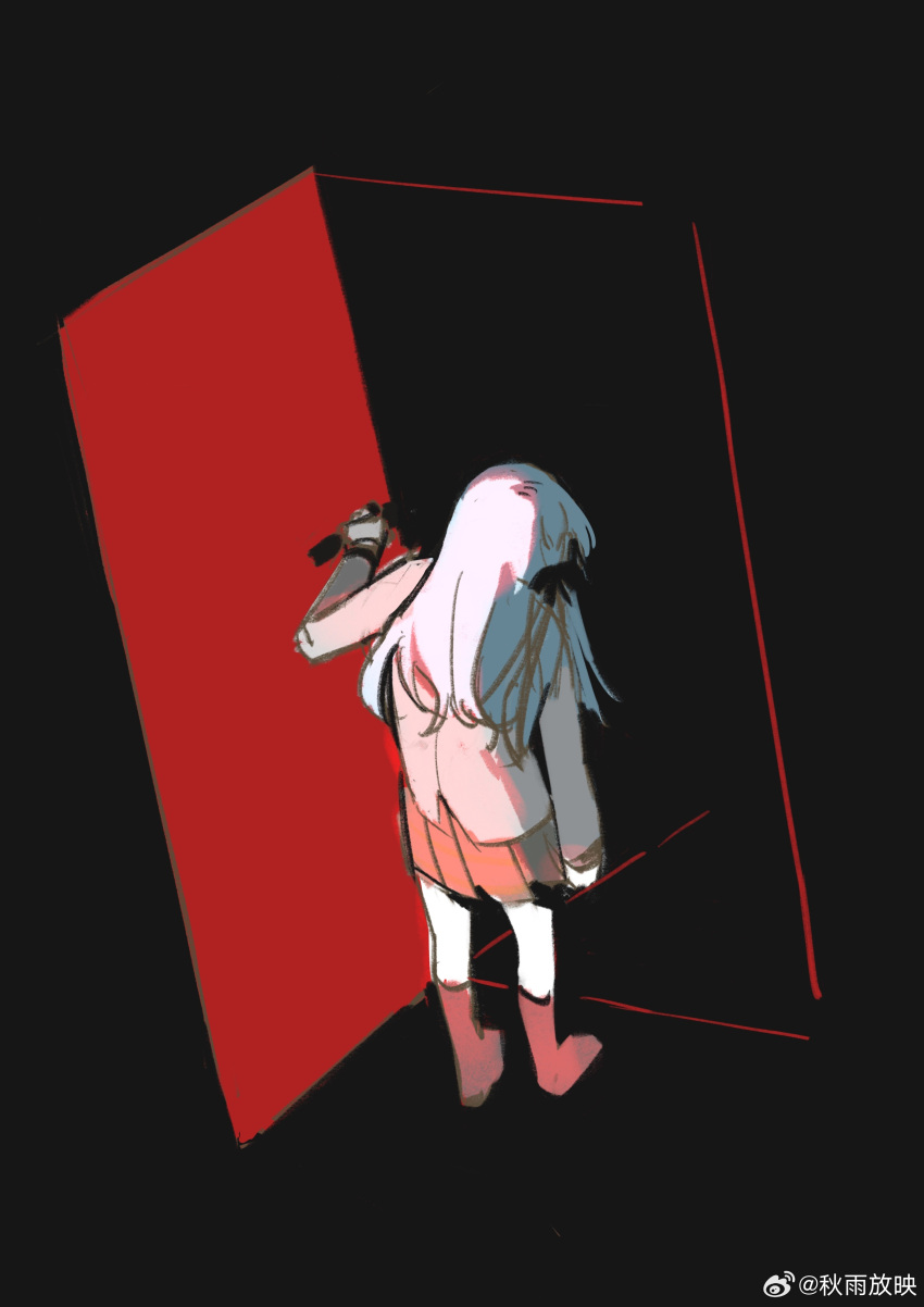 1girl, absurdres, bang_dream!, bang_dream!_it's_mygo!!!!!, blue_hair, chaluo11, chinese_commentary, commentary_request, grey_jacket, haneoka_school_uniform, highres, jacket, long_hair, long_sleeves, pleated_skirt, school_uniform, skirt, solo, standing, togawa_sakiko, watermark, weibo_watermark