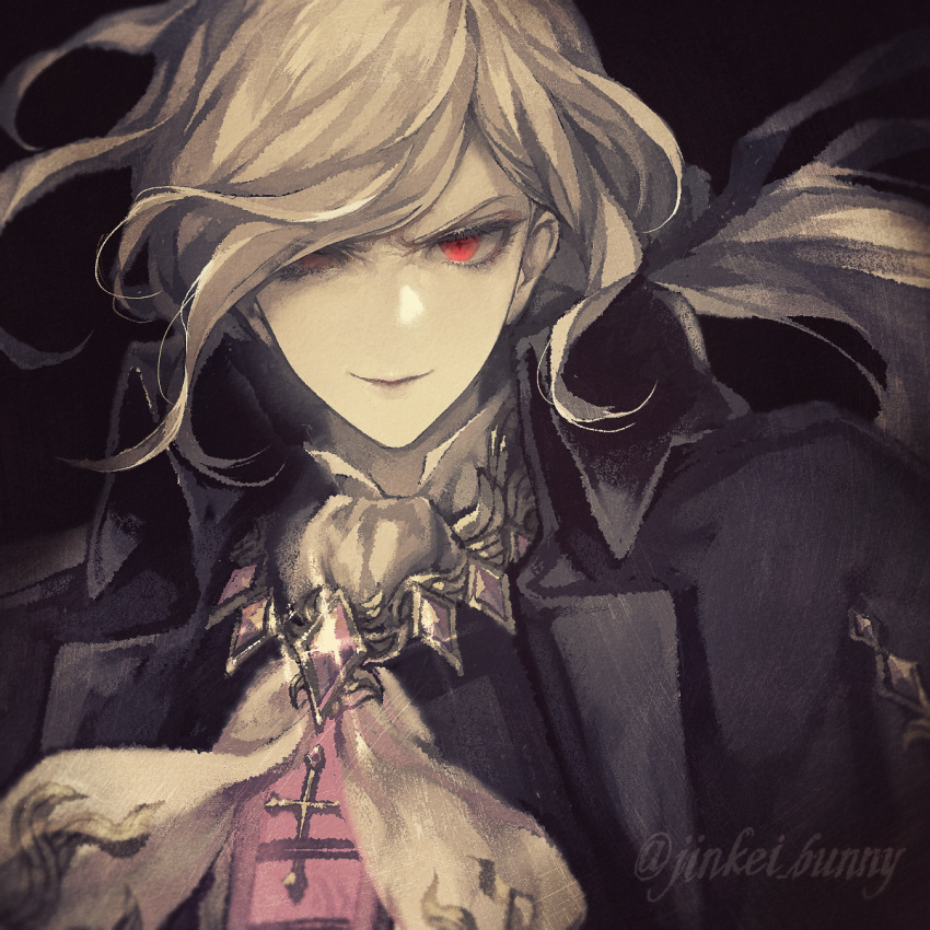 1boy, ascot, black_background, black_coat, closed_mouth, coat, edmond_dantes_(fate), edmond_dantes_(monte_cristo_uniform)_(fate)