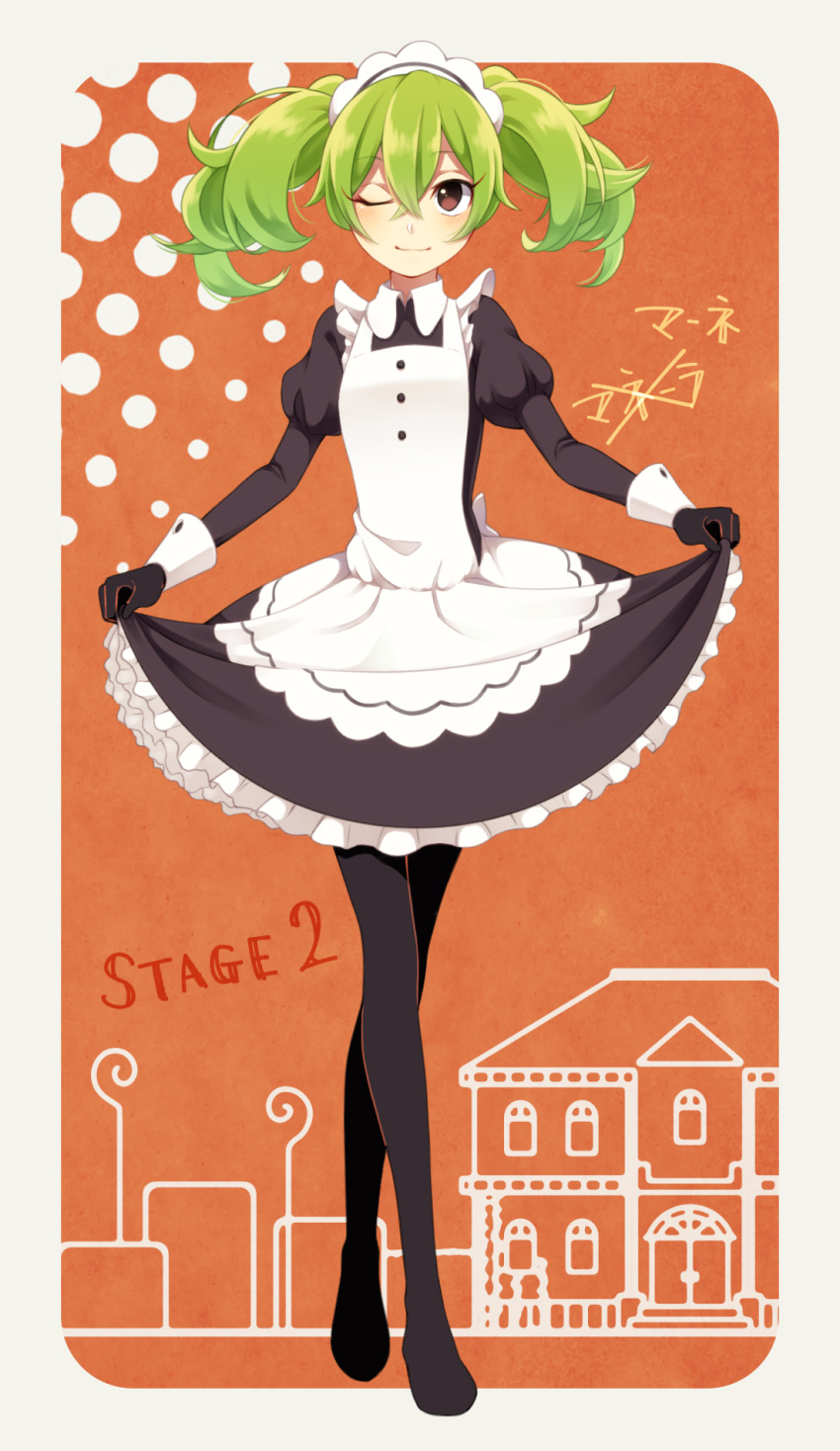 1girl, animification, apron, dress, drill_hair, full_body, gloves, green_hair