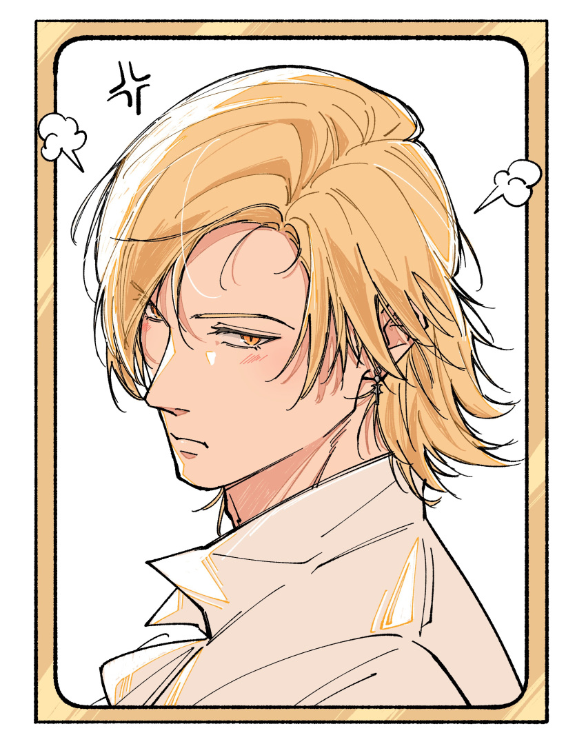 1boy, :i, absurdres, anger_vein, blonde_hair, border, closed_mouth, collared_shirt